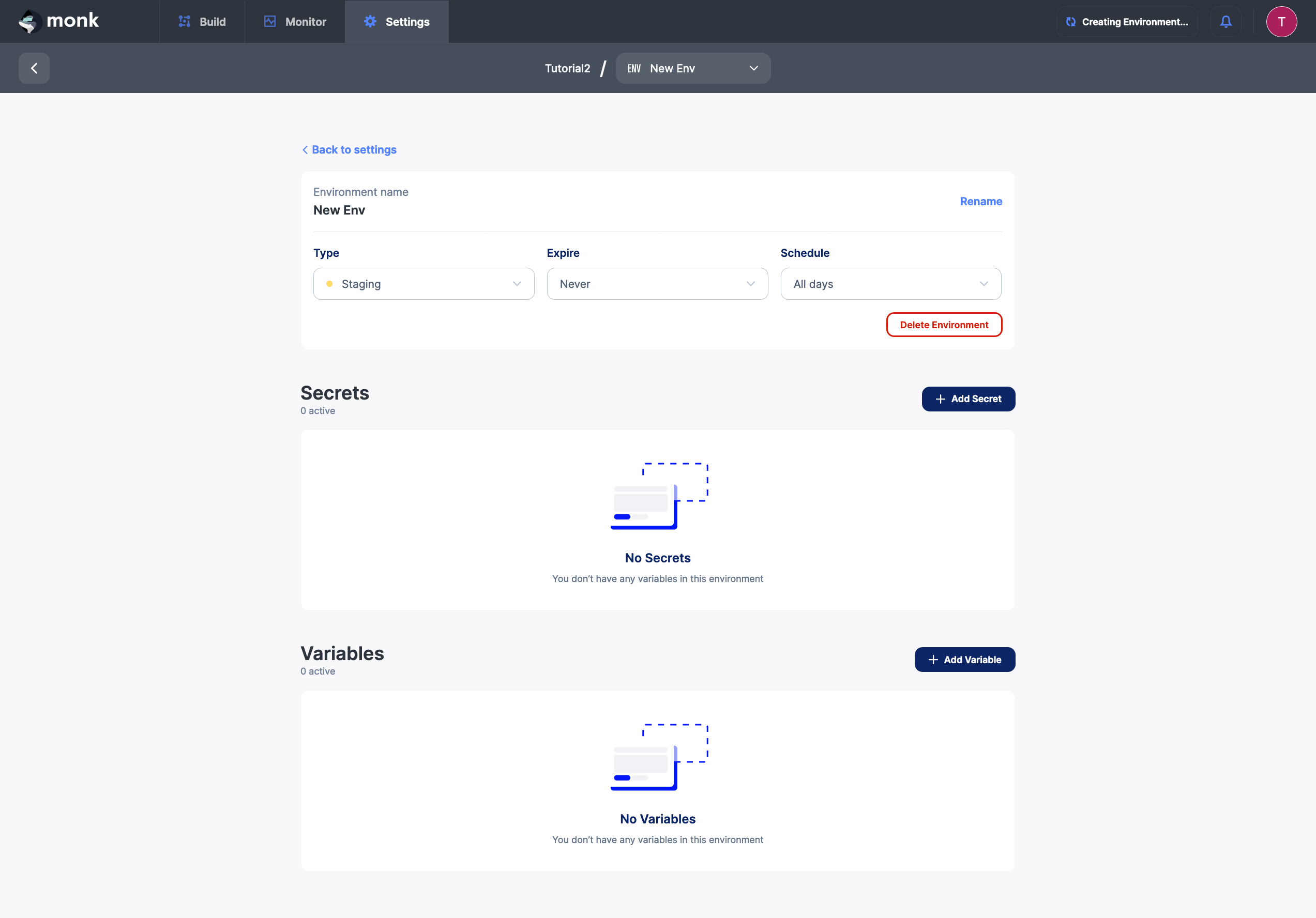 Environment settings page